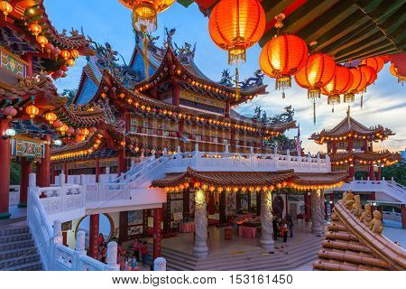KUALA LUMPUR MALAYSIA - SEPTEMBER 15: Dusk view of Thean Hou Temple illuminated for the Mid-Autumn festival on September 15 2016 in Kuala Lumpur Malaysia.