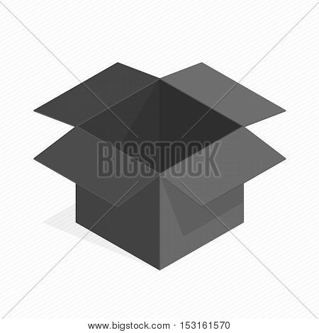 Vector image of black open box. Empty boxing on light background. Isometric transportation package.