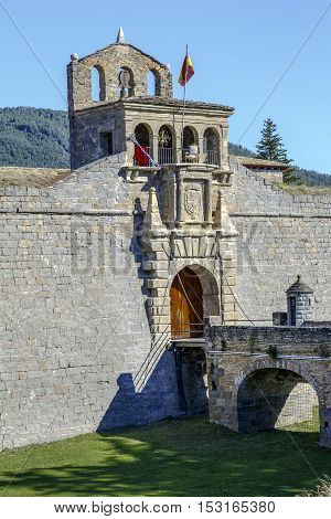 Detail of the entrance of the Jaca Ciudadela a fortification from the XVI century in the Spanish Pyrenees.