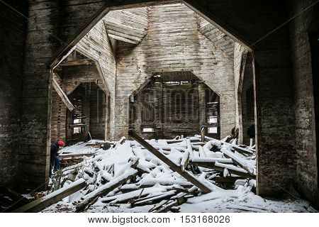 An old abandoned wooden Church of the Intercession of the Holy Virgin in Kamenka, Kursk region. in Russia