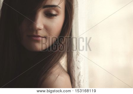 Lovely Woman Is Awoke And Standing Before Window. Girl Is Toples