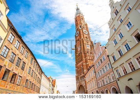 Cityscape view with saint Martin cathedral in the center of Landshut old town in Germany