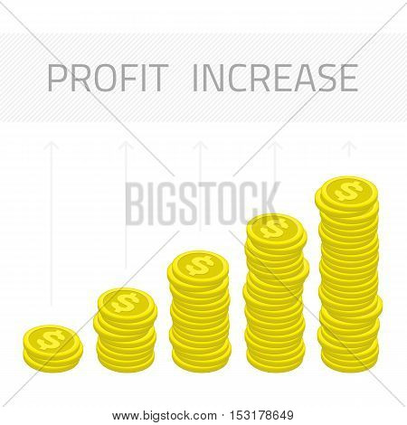 Cash flow graph. Market growth concept. Vector illustration of big stacked pile of cash. Hundreds of coins. Modern design isolated on white background. Modern currency concept profit growth.