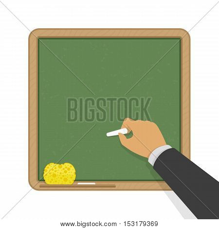 Hand holding white chalk in front of a green blank school board. Blackboard with a hand writing. Education table.