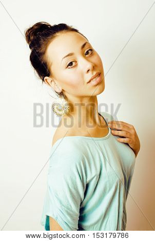 young pretty taned girl close up portrait smiling confident brunette warm, lifestyle real people concept