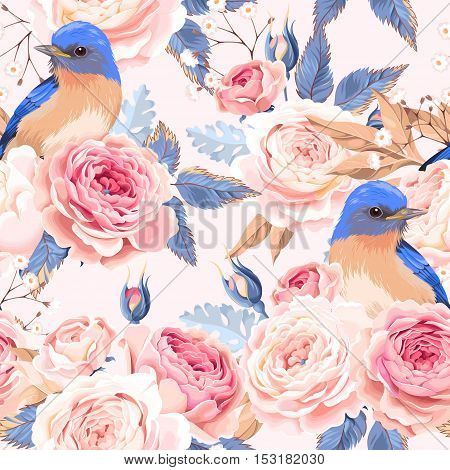 Vintage roses and birds vector seamless background