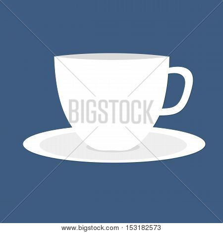 Simple white cup and saucer on isolated blue background.