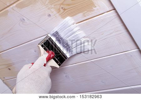 gloved hand paint wooden ceiling linings in white