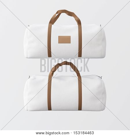 Sport fashion white bag with brown handles isolated at clean background.Highly detailed texture materials in square photo.Empty mockup label on the front side.Double sided mock up.3D rendering.