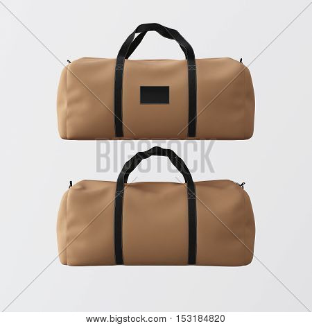 Sport fashion bag of brown color with black handles isolated at white background.Highly detailed texture materials in square photo.Empty mockup label on front side.Double sided mock up.3D rendering.