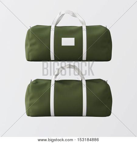 Sport fashion bag of green color with white handle isolated at the clean background.Highly detailed texture material in square photo.Empty mockup label on front side.Double sided mock up.3D rendering.