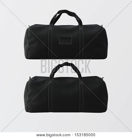 Black cotton textile sport fashion bag with handles isolated at empty background.Clean mockup label on the front side.Double sided mock up.3D rendering.