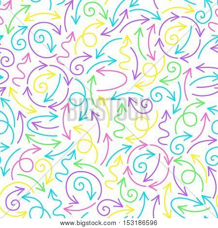 Vector arrow seamless pattern. Pop art fabric texture. Blue purple pink yellow fashion abstract background in 80s-90s color cartoon style.