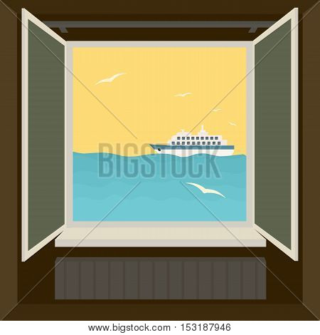 Window to sea. Floating boat and flying birds.