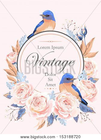 Vector vintage card with english roses and bird