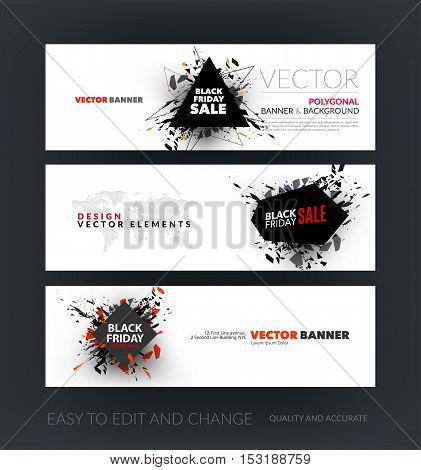 Vector set of modern horizontal website banners with Black Friday sale inscription design template, marketing price tag, discount, advertising, explosion. Clean web headers design.