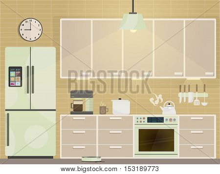 Modern kitchen with furniture, kitchenware and IoT (Internet of Things) tech.