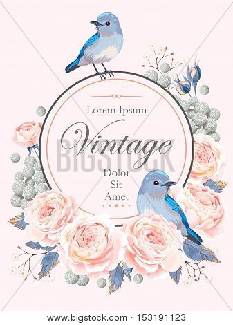 Vector vintage card with english roses and bird