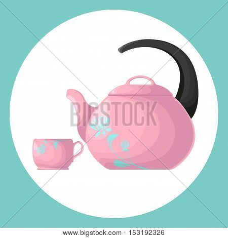 Set dishes isolated on white background. Teapot and cup in cartoon style. Vector illustration.