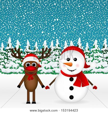Snowman with reindeer and a snowman standing in the forest, vector illustration