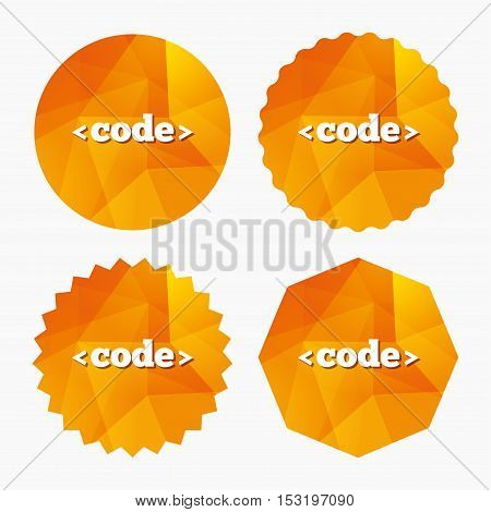 Code sign icon. Programming language symbol. Triangular low poly buttons with flat icon. Vector