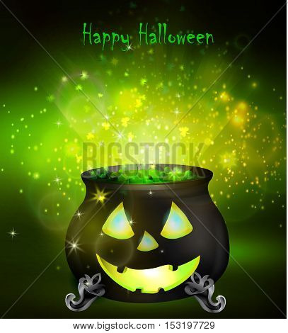 Halloween witches cauldron with Jack O Lantern face and green potion on dark background, illustration.