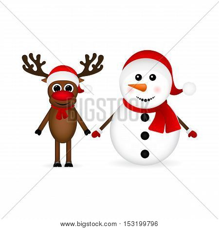 Snowman with reindeer standing on a white background, vector illustration