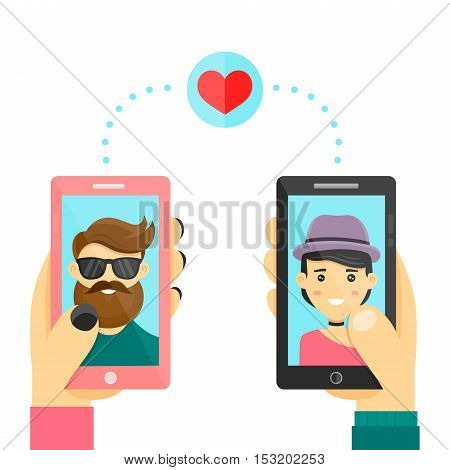 Online dating love app concept. Men and women use smarphone to develop relations and date. Vector modern flat cartoon character illustration. Isolated on white background