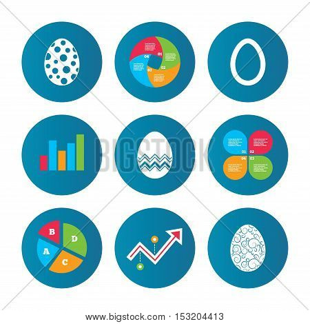 Business pie chart. Growth curve. Presentation buttons. Easter eggs icons. Circles and floral patterns symbols. Tradition Pasch signs. Data analysis. Vector