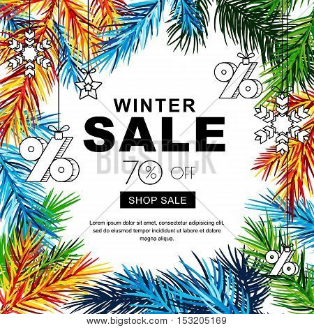 Winter Sale Banners With Multicolor Fir Branches And Sketch Toys. Vector Winter Holidays Poster.
