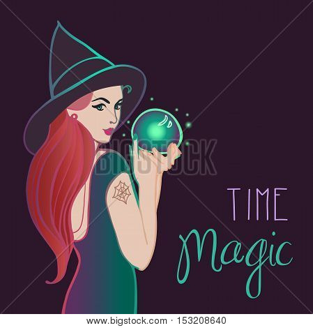 Halloween pretty witch with a magic ball