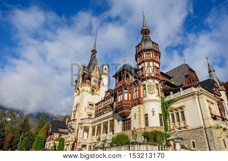 Beautiful Peles castle and ornamental garden in Sinaia, Romania, between Valachia and Transylvania