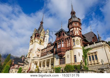 Beautiful Peles castle and ornamental garden in Sinaia, Romania, between Valachia and Transylvania