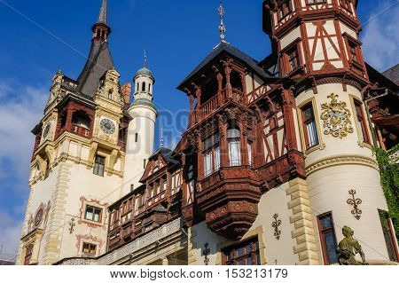 Beautiful Peles castle and ornamental garden in Sinaia, Romania, between Valachia and Transylvania