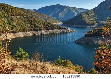 Autumn landscape of Meander of Vacha (Antonivanovtsy) Reservoir, Rhodopes Mountain, Bulgaria