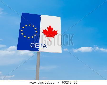 CETA: Canada And EU Flag Road Sign Against A Cloudy Sky 3d illustration
