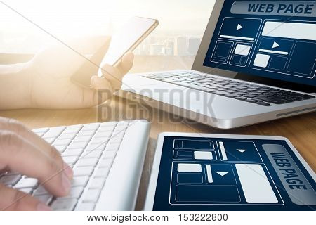 Web Design Template And  Web Page Closeup Shot Of Laptop With Digitaltablet And Smartphone On Desk.