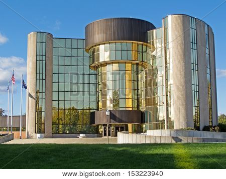 Detroit - October 22, 2016. Late afternoon sun illumines the City Hall in Livonia, Michigan. Livonia is a large suburb of Detroit.