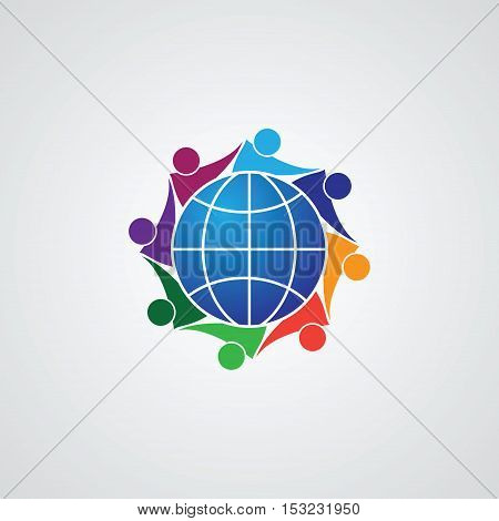 Community of people joined around the globe 8 people icon. people friends logo concept vector icon. this icon also represents friendship, partnership cooperation unity,
