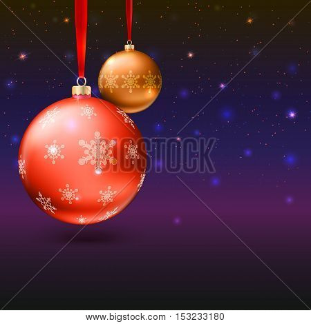 Christmas balls on the background with flash and Merry Christmas lights. Realistic vector bright balls with snowflakes. Greeting card with place for your text, editable eps 10