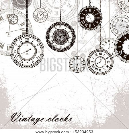 Vintage clock vector banner background. Retro antique backrop for business. Classic watch dial cover illustration. Elegant invitation, postcard, paper design. Traditional card. Victorian style