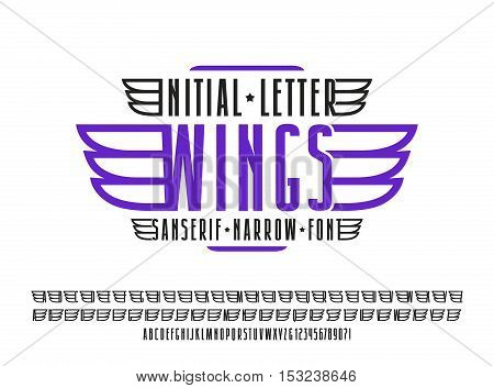 Narrow sanserif font. Decorative initial letter wings for emblem and labels. Isolated on white background