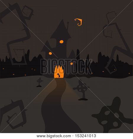 illustration of a scary castle in a cemetery