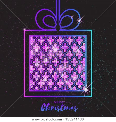 Christmas Greeting card. Purple glitter gift box with bow. Happy New Year on black background with symmetry ornament. Vector design illustration