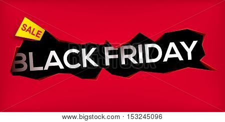 Black friday banner. Cracked hole in wall with black friday inscription. Sale and discount. New offer. Vector illustration.