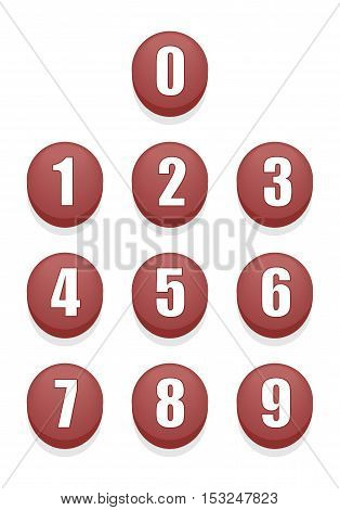 Set of Red Round Shiny Numbers Buttons.