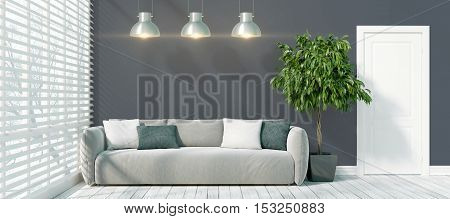 Beautiful modern interior with sofa. 3D rendering
