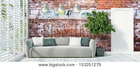 Beautiful modern interior with sofa. 3D rendering
