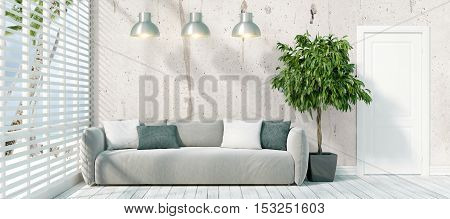 Beautiful modern interior with sofa. 3D rendering