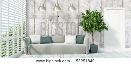 Beautiful modern interior with sofa. 3D rendering